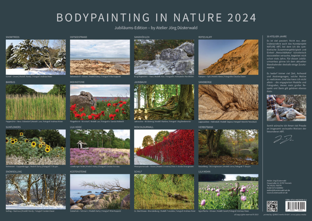 Das Infoblatt vom Bodypainting-Kalender NATURE ART 2024 von Künstler Jörg Düsterwald.
