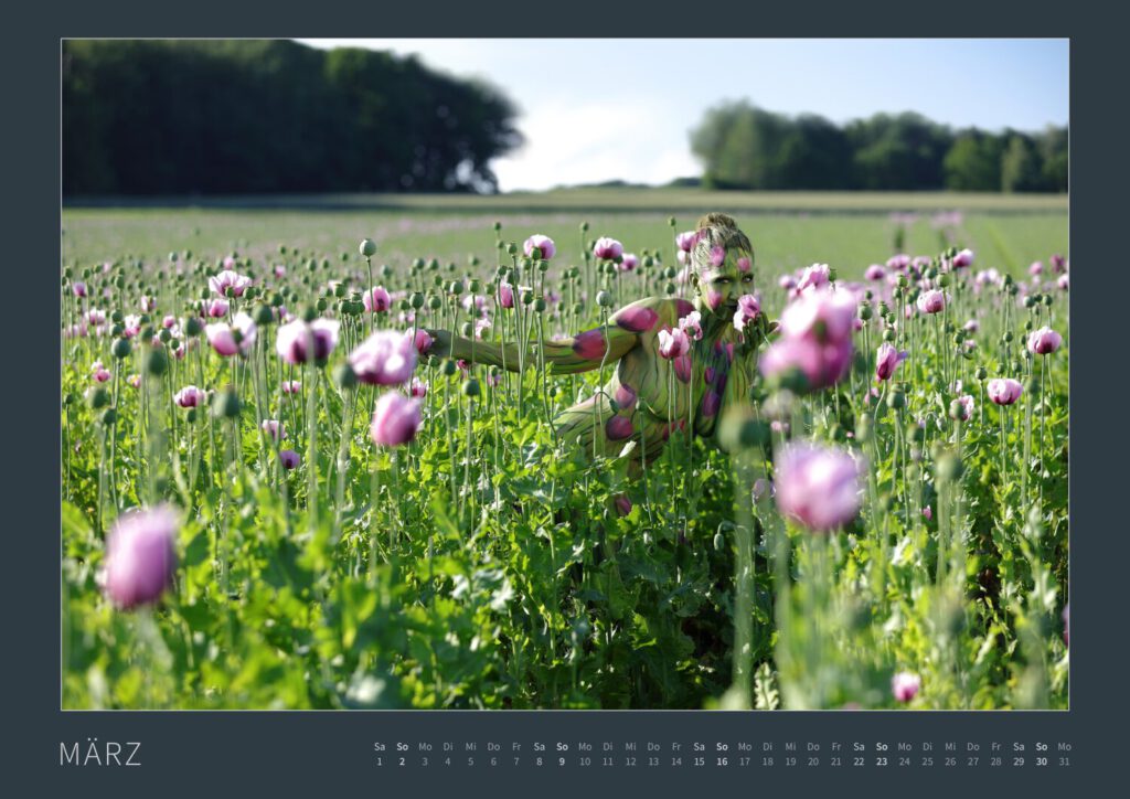 Das Monatsblatt März 2025 vom Bodypainting-Kalender NATURE ART 2024 von Künstler Jörg Düsterwald. Ein bemaltes Fotomodell steht in einem Feld mit rosafarbenen Mohnblüten.