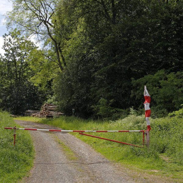 Für das Kunstprojekt DOOR ART ließ sich ein nacktes Fotomodell von Künstler Jörg Düsterwald vollständig so mit Farbe bemalen, dass es genau zur Umgebung von Türen und Toren passt. Die Frau ist wie eine Schranke rotweiß angemalt und balanciert auf dem Posten einer Waldwegschranke.