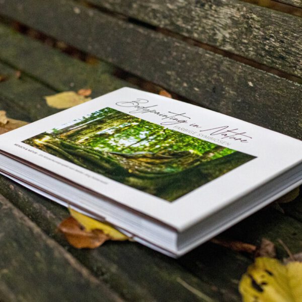 Künstler Jörg Düsterwald hat von dem Körperkunstprojekt Nature Art einen Fotobildband publiziert. Das Buch liegt auf einer Bank mit Herbstlaub.