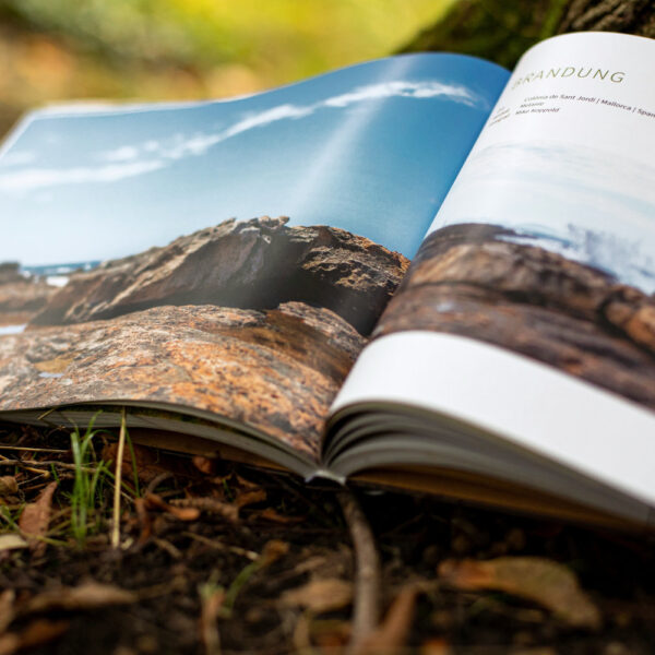 Künstler Jörg Düsterwald hat von dem Körperkunstprojekt Nature Art einen Fotobildband publiziert. Das Buch liegt aufgeschlagen im Laub an einem Baumstamm.