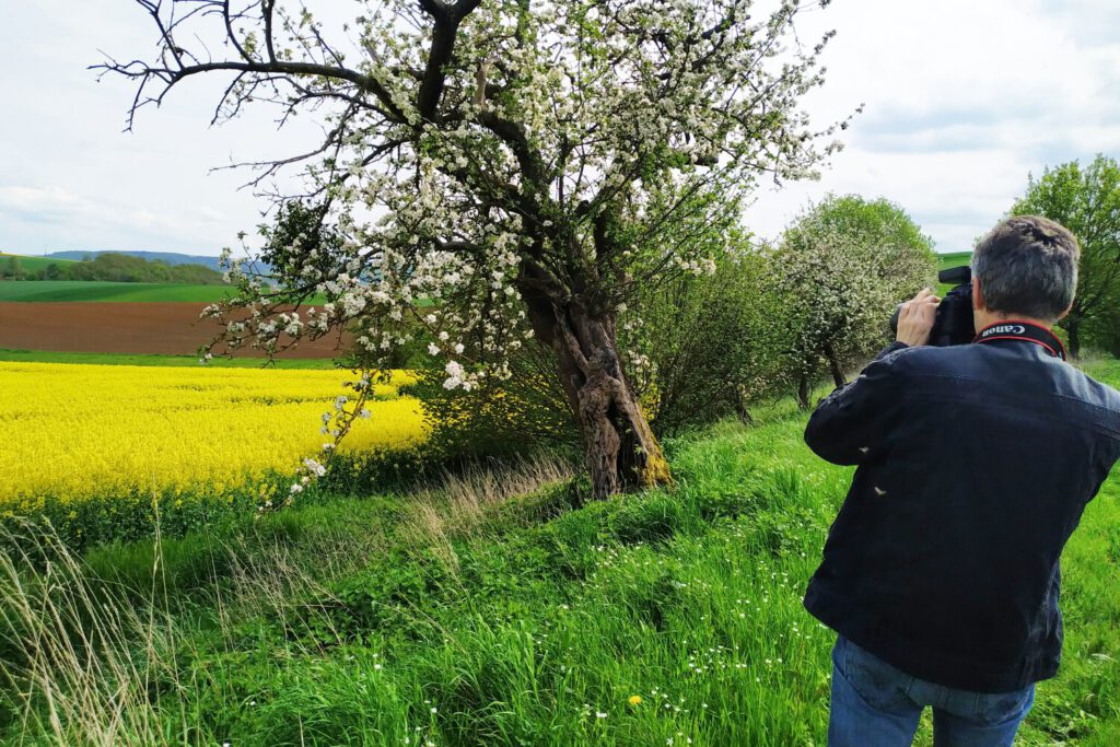 Ein nacktes Fotomodell wurde von Künstler Jörg Düsterwald vollständig so mit Farbe bemalt, dass die Person mit der Kulisse verschmilzt. Sie steht an einem blühenden Obstbaum und wird von einem Fotografen fotografiert.