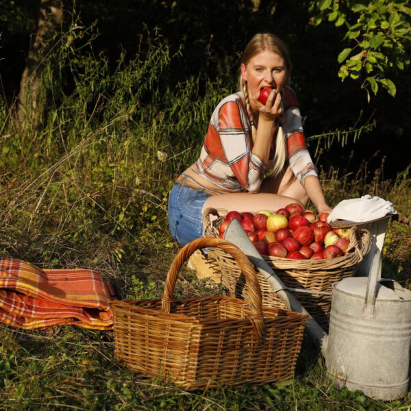 Im Rahmen des Kunstprojektes AGRAR ART hat Bodypaint-Künstler Jörg Düsterwald ein nacktes Fotomodell mit Körperfarbe so bemalt, als hätte die Frau eine kurze blaue Hose und ein rotweiß-kariertes Hemd an. Sie befindet sich in einer Apfelbaumplantage und erntet die Äpfel.