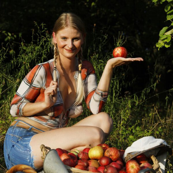 Im Rahmen des Kunstprojektes AGRAR ART hat Bodypaint-Künstler Jörg Düsterwald ein nacktes Fotomodell mit Körperfarbe so bemalt, als hätte die Frau eine kurze blaue Hose und ein rotweiß-kariertes Hemd an. Sie befindet sich in einer Apfelbaumplantage und erntet die Äpfel.