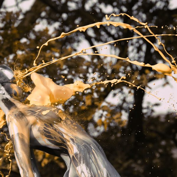 Für das Outdoor-Projekt SPLASH ART hat Künstler Jörg Düsterwald ein unbekleidetes Fotomodell mit Körperfarbe bemalt und anschließend in einer Landschaft mit flüssiger Farbe übergossen.