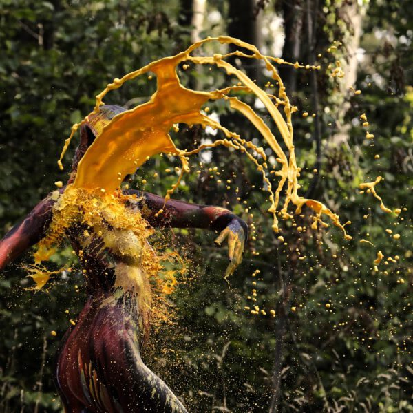 Für das Outdoor-Projekt SPLASH ART hat Künstler Jörg Düsterwald ein unbekleidetes Fotomodell mit Körperfarbe bemalt und anschließend in einer Landschaft mit flüssiger Farbe übergossen.