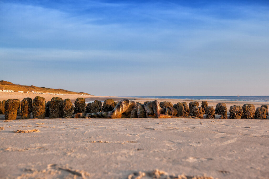 Strandmotiv aus dem Körperkunstprojekt NATURE ART des Künstlers Jörg Düsterwald mit einem Bodypaintingmodell.