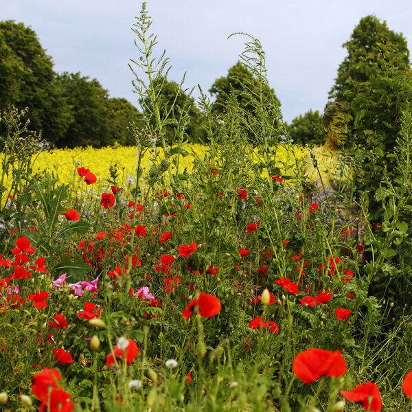 Frühlingsmotiv mit verschiedenen bunten Blumen aus dem Körperkunstprojekt NATURE ART des Künstlers Jörg Düsterwald mit einem Bodypaintingmodell.