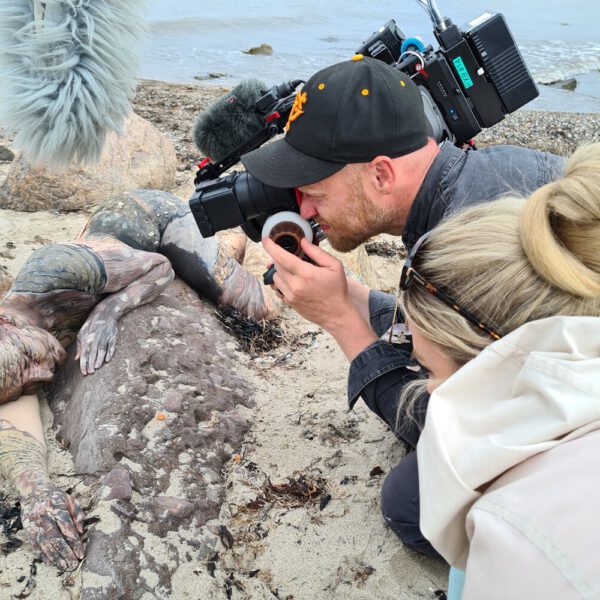 Ein Fernsehteam begleitet Künstler Jörg Düsterwald und sein Fotomodell bei der Realisierung eines Motives für sein Kunstprojekt Mensch und Natur - Farbige Symbiosen.