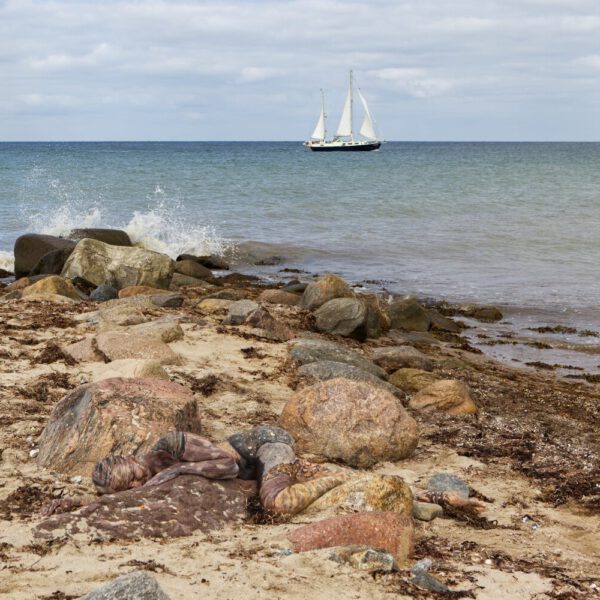 Strandmotiv aus dem Körperkunstprojekt NATURE ART des Künstlers Jörg Düsterwald mit einem Bodypaintingmodell.