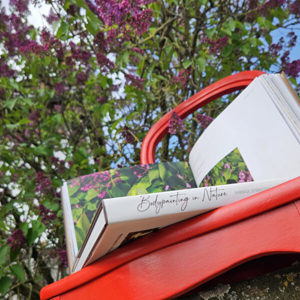 Das Buch BODYPAINTING IN NATURE von Künstler Jörg Düsterwald wird mit einem roten Stuhl an einem Originalplatz des Kunstprojektes NATURE ART gezeigt.