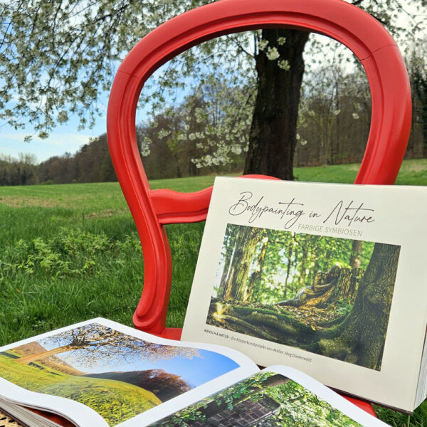 Das Buch BODYPAINTING IN NATURE von Künstler Jörg Düsterwald wird mit einem roten Stuhl an einem Originalplatz des Kunstprojektes NATURE ART gezeigt.
