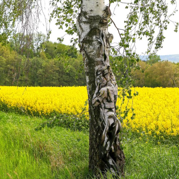 Birken am Rapsfeld. Ein Motiv von dem Körperkunstprojekt NATURE ART des Künstlers Jörg Düsterwald mit einem Bodypaintingmodell.