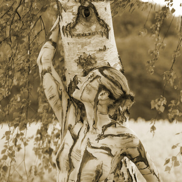 Birken am Rapsfeld. Ein Motiv von dem Körperkunstprojekt NATURE ART des Künstlers Jörg Düsterwald mit einem Bodypaintingmodell.