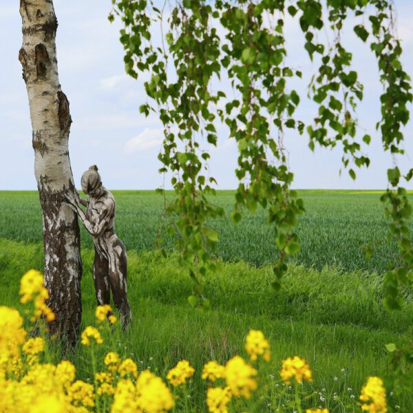 Birken am Rapsfeld. Ein Motiv von dem Körperkunstprojekt NATURE ART des Künstlers Jörg Düsterwald mit einem Bodypaintingmodell.