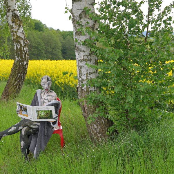 Das Buch BODYPAINTING IN NATURE von Künstler Jörg Düsterwald wird mit einem roten Stuhl an einem Originalplatz des Kunstprojektes NATURE ART gezeigt.