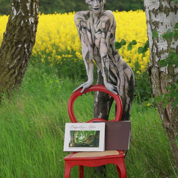 Das Buch BODYPAINTING IN NATURE von Künstler Jörg Düsterwald wird mit einem roten Stuhl an einem Originalplatz des Kunstprojektes NATURE ART gezeigt.