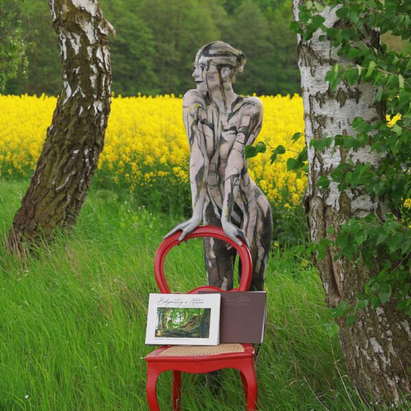 Das Buch BODYPAINTING IN NATURE von Künstler Jörg Düsterwald wird mit einem roten Stuhl an einem Originalplatz des Kunstprojektes NATURE ART gezeigt.