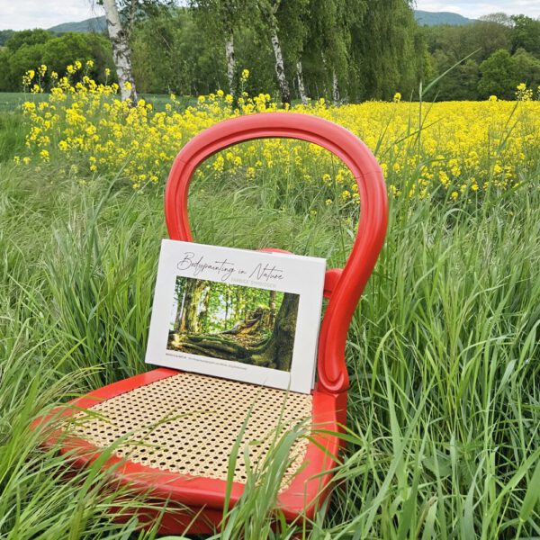 Das Buch BODYPAINTING IN NATURE von Künstler Jörg Düsterwald wird mit einem roten Stuhl an einem Originalplatz des Kunstprojektes NATURE ART gezeigt.