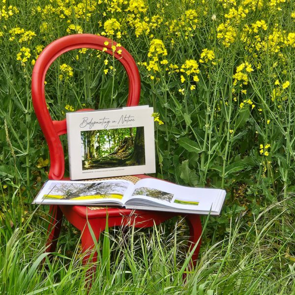 Das Buch BODYPAINTING IN NATURE von Künstler Jörg Düsterwald wird mit einem roten Stuhl an einem Originalplatz des Kunstprojektes NATURE ART gezeigt.