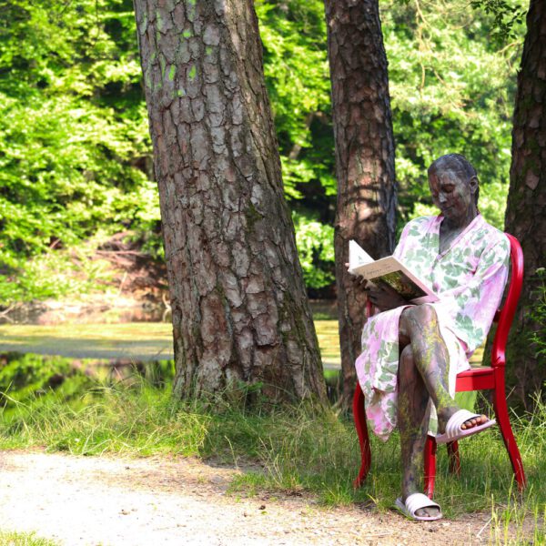 Das Buch BODYPAINTING IN NATURE von Künstler Jörg Düsterwald wird mit einem roten Stuhl an einem Originalplatz des Kunstprojektes NATURE ART gezeigt.