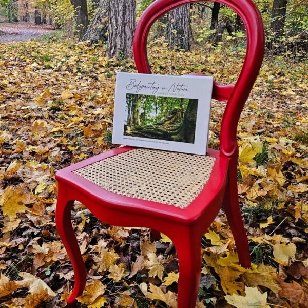 Das Buch BODYPAINTING IN NATURE von Künstler Jörg Düsterwald wird mit einem roten Stuhl an einem Originalplatz des Kunstprojektes NATURE ART gezeigt.
