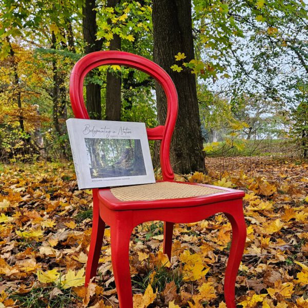 Das Buch BODYPAINTING IN NATURE von Künstler Jörg Düsterwald wird mit einem roten Stuhl an einem Originalplatz des Kunstprojektes NATURE ART gezeigt.