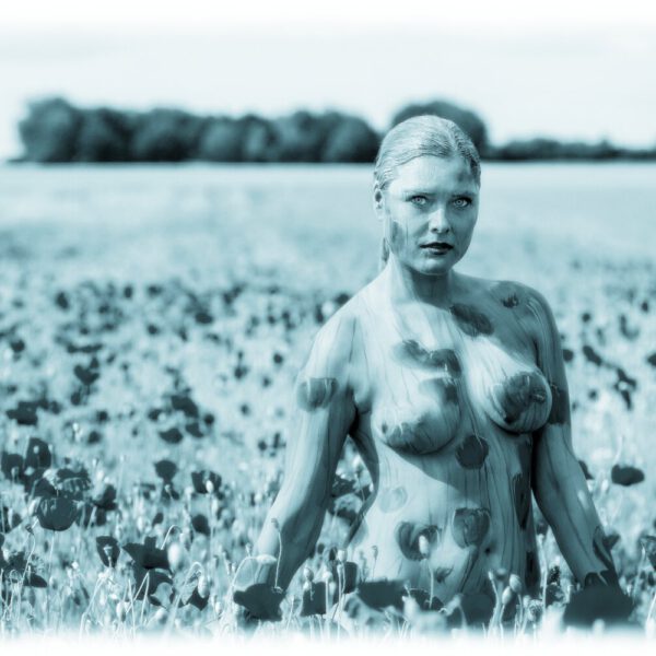 Ein bemaltes Fotomodell in einem roten Mohnfeld ergibt FARBIGE SYMBIOSEN. Ein Motiv von dem Körperkunstprojekt NATURE ART des Künstlers Jörg Düsterwald mit einem Bodypaintingmodell.
