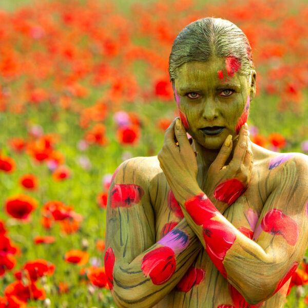 Ein bemaltes Fotomodell in einem roten Mohnfeld ergibt FARBIGE SYMBIOSEN. Ein Motiv von dem Körperkunstprojekt NATURE ART des Künstlers Jörg Düsterwald mit einem Bodypaintingmodell.
