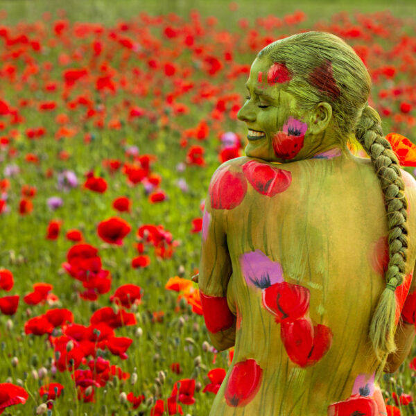 Ein bemaltes Fotomodell in einem roten Mohnfeld ergibt FARBIGE SYMBIOSEN. Ein Motiv von dem Körperkunstprojekt NATURE ART des Künstlers Jörg Düsterwald mit einem Bodypaintingmodell.
