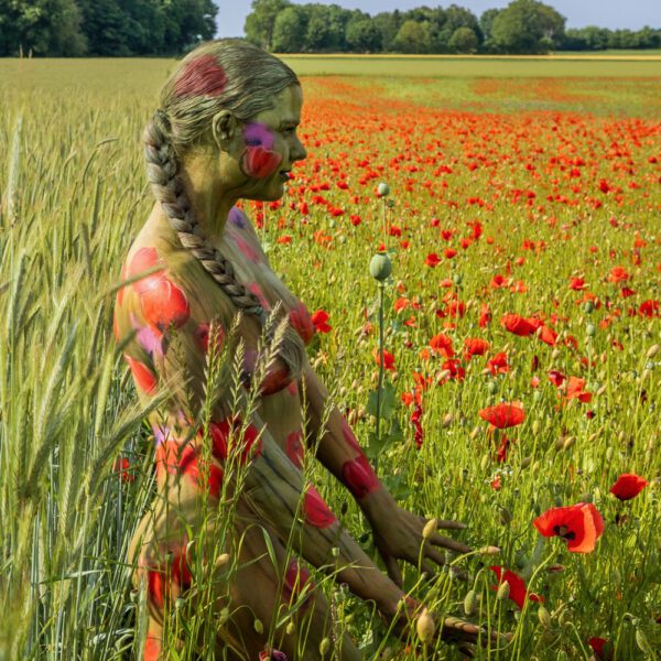 Ein bemaltes Fotomodell in einem roten Mohnfeld ergibt FARBIGE SYMBIOSEN. Ein Motiv von dem Körperkunstprojekt NATURE ART des Künstlers Jörg Düsterwald mit einem Bodypaintingmodell.