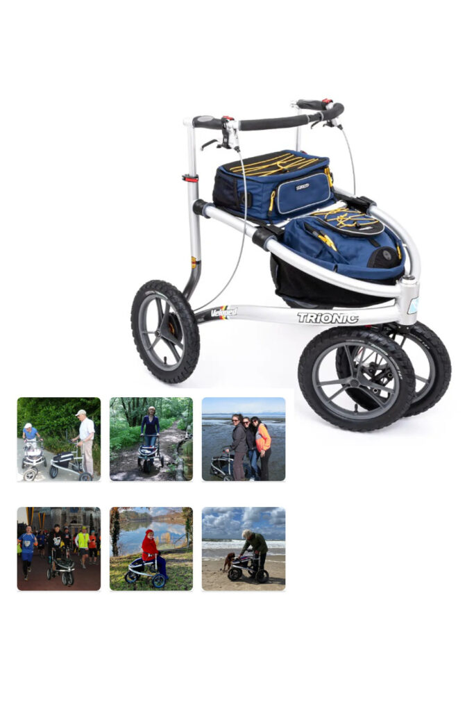 Ein geländegängiger Rollator mit großen Rädern.