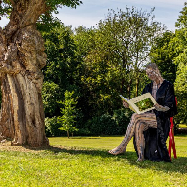 Das Buch BODYPAINTING IN NATURE von Künstler Jörg Düsterwald wird mit einem roten Stuhl an einem Originalplatz des Kunstprojektes NATURE ART gezeigt.