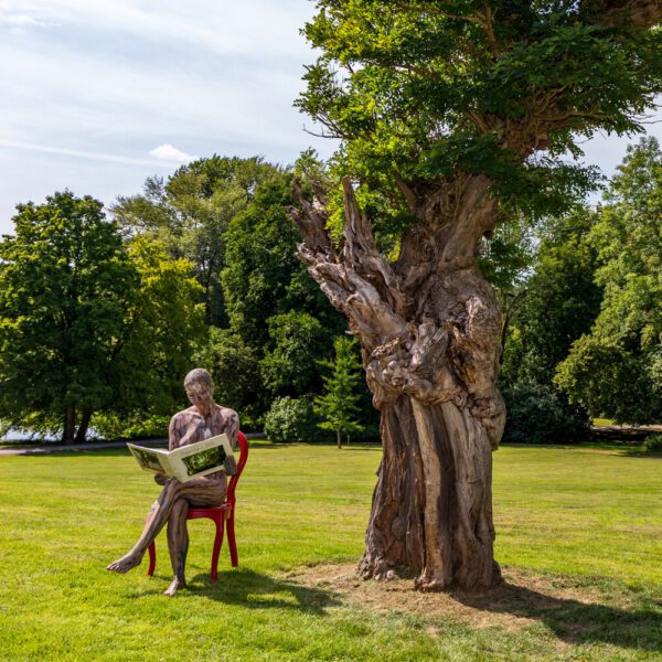 Das Buch BODYPAINTING IN NATURE von Künstler Jörg Düsterwald wird mit einem roten Stuhl an einem Originalplatz des Kunstprojektes NATURE ART gezeigt.
