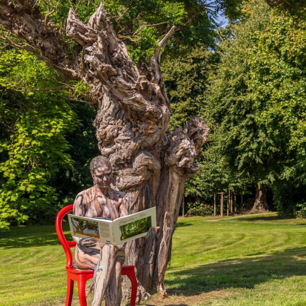 Das Buch BODYPAINTING IN NATURE von Künstler Jörg Düsterwald wird mit einem roten Stuhl an einem Originalplatz des Kunstprojektes NATURE ART gezeigt.
