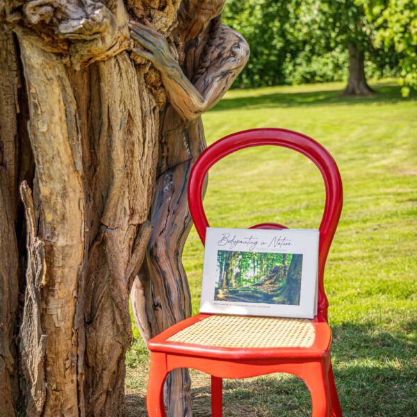 Das Buch BODYPAINTING IN NATURE von Künstler Jörg Düsterwald wird mit einem roten Stuhl an einem Originalplatz des Kunstprojektes NATURE ART gezeigt.