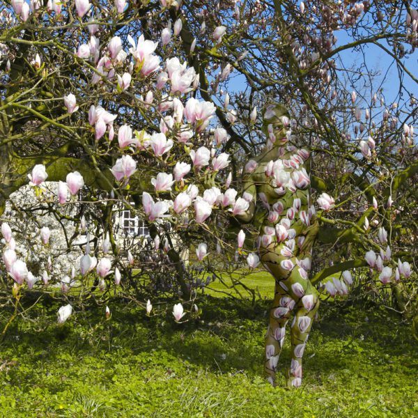 Magnolien-Motiv von dem Körperkunstprojekt NATURE ART des Künstlers Jörg Düsterwald mit einem Bodypaintingmodell.