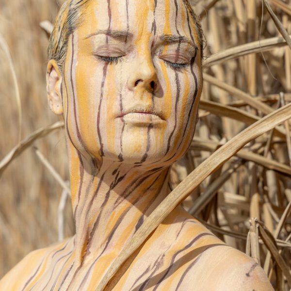 Schilf-Motiv von dem Körperkunstprojekt NATURE ART des Künstlers Jörg Düsterwald mit einem bemalten Fotomodell.