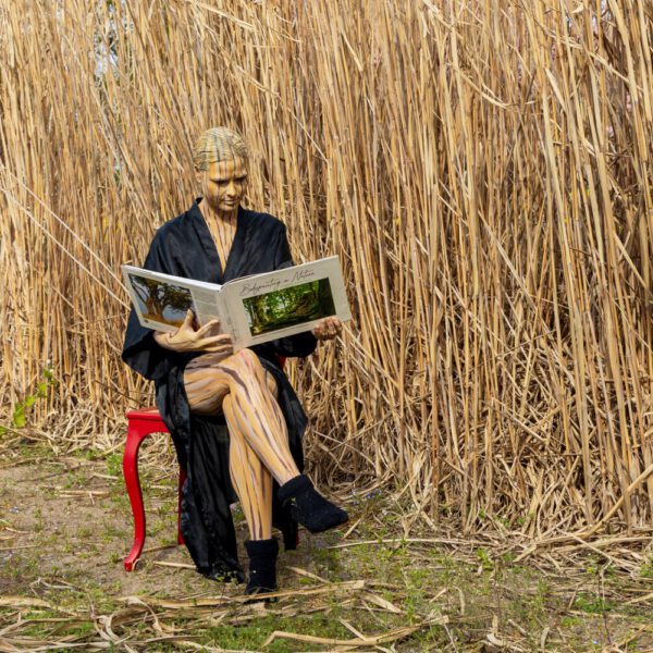 Das Buch BODYPAINTING IN NATURE von Künstler Jörg Düsterwald wird mit einem roten Stuhl an einem Originalplatz des Kunstprojektes NATURE ART gezeigt.