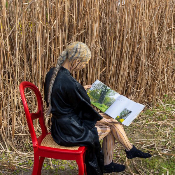Das Buch BODYPAINTING IN NATURE von Künstler Jörg Düsterwald wird mit einem roten Stuhl an einem Originalplatz des Kunstprojektes NATURE ART gezeigt.