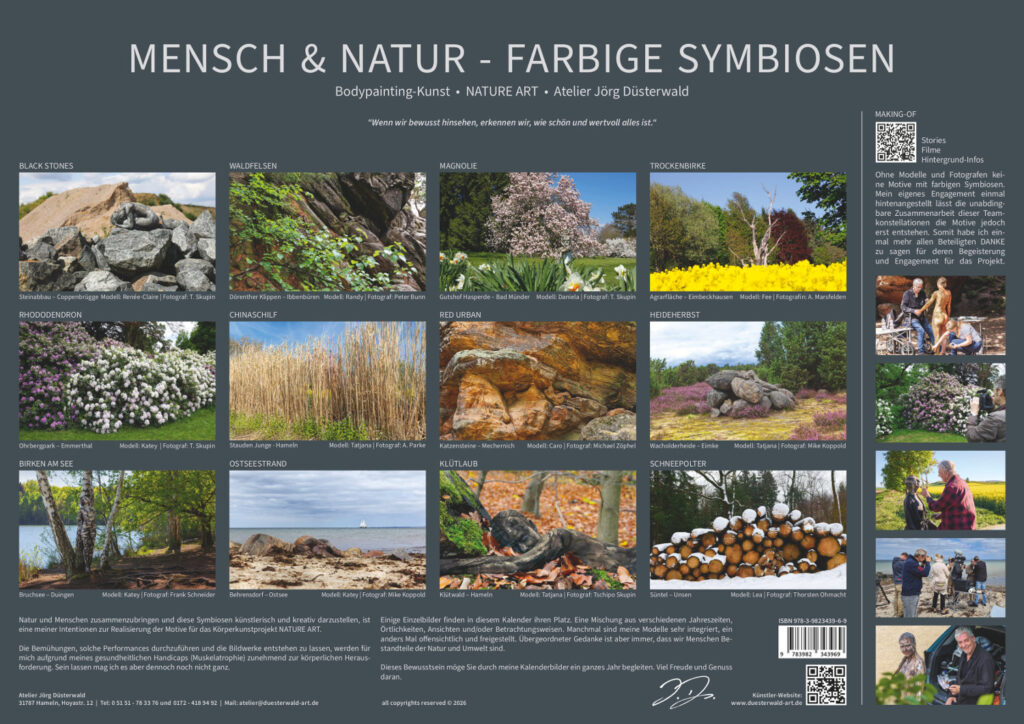 Das Infoblatt des Wandkalenders MENSCH und NATUR - FARBIGE SYMBIOSEN 2027 von Bodyart-Künstler Jörg Düsterwald und seinem Bodypainting-Kunstprojekt NATURE ART.