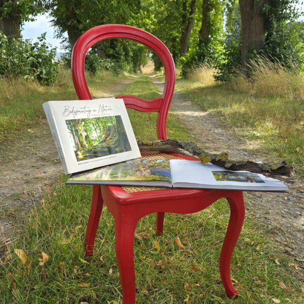 Das Buch BODYPAINTING IN NATURE von Künstler Jörg Düsterwald wird mit einem roten Stuhl an einem Originalplatz des Kunstprojektes NATURE ART gezeigt.