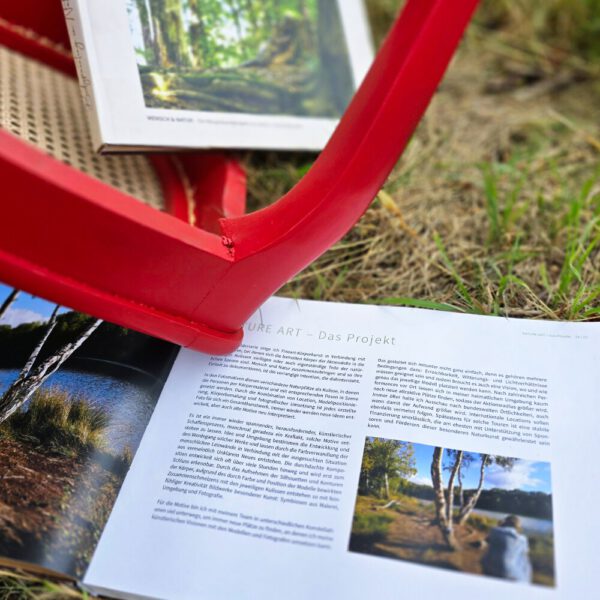 Das Buch BODYPAINTING IN NATURE von Künstler Jörg Düsterwald wird mit einem roten Stuhl an einem Originalplatz des Kunstprojektes NATURE ART gezeigt.