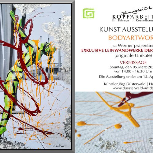 Ankündigungsplakat einer Ausstellung mit Kunstwerken von Bodyart-Künstler Jörg Düsterwald aus Hameln.