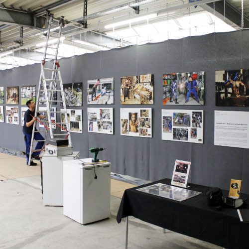 Für eine Ausstellung mit Bildern von Künstler Jörg Düsterwald werden die Werke mit Hilfe einer großen Leiter aufgehängt.