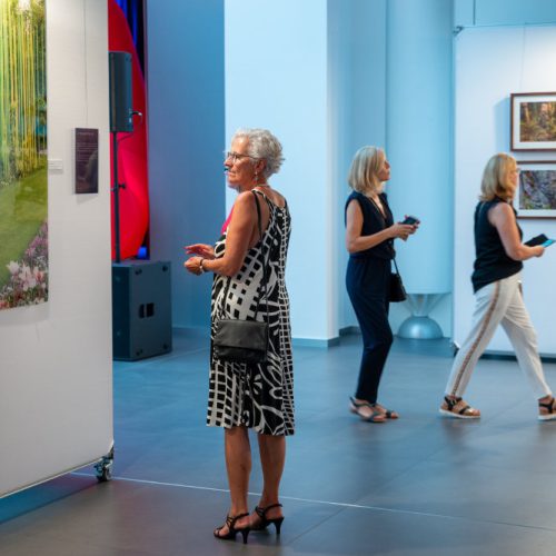 Besucherinnen und Besucher betrachten Bilder von Künstler Jörg Düsterwald, die in einer Ausstellung präsentiert werden.